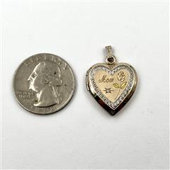 14k Two-Tone Gold Engraved Mom Rose Diamond Heart Locket Pendant